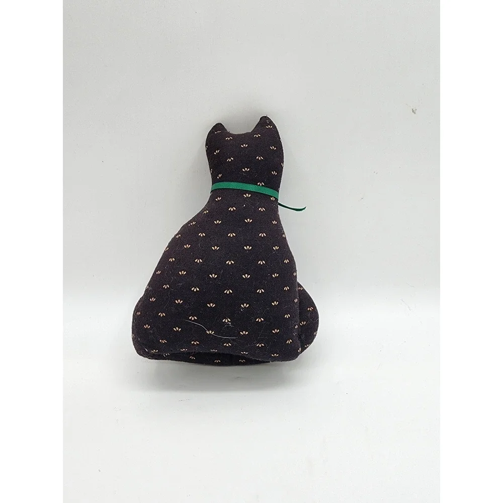Vintage Handmade Fabric Cat Plush Black Gold‎ Floral Print Green Ribbon Bell 7in
